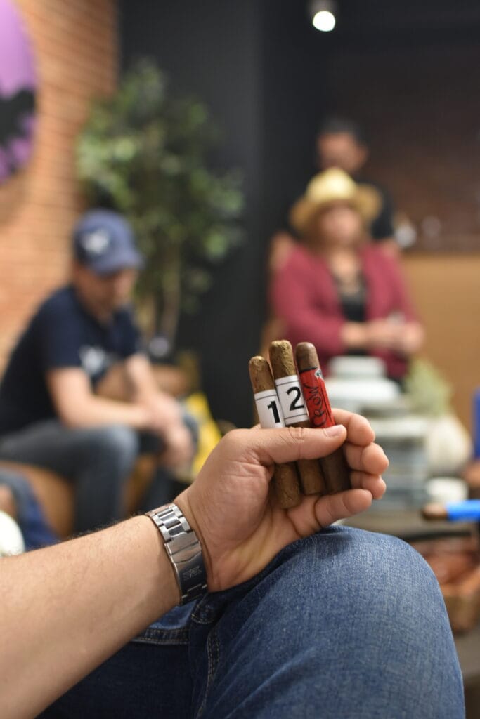 Close-up of a premium Dominican cigar being analyzed for construction and wrapper quality