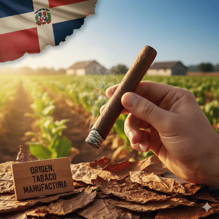 Hand holding a premium cigar over a Dominican Republic tobacco field with the Dominican flag, illustrating tobacco origin and manufacturing.