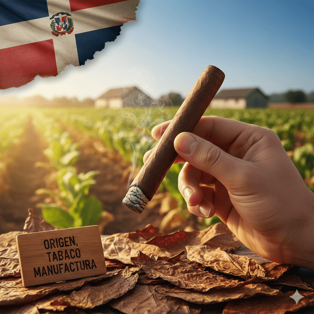 Hand holding a premium cigar over a Dominican Republic tobacco field with the Dominican flag, illustrating tobacco origin and manufacturing.
