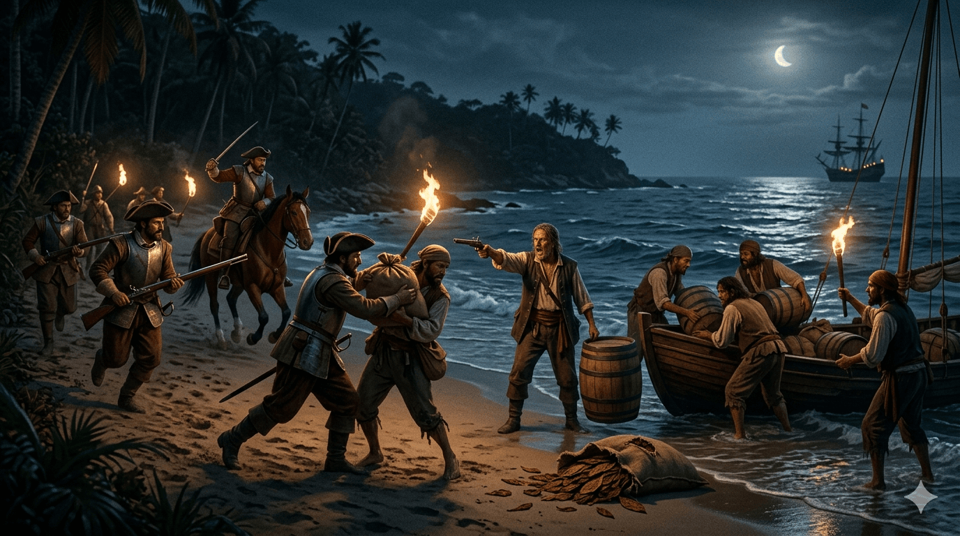 17th century Caribbean tobacco trade and smuggling activity illustration