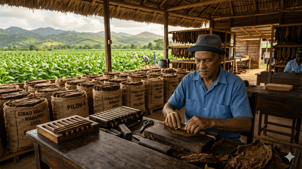 Dominican cigar making process from tobacco plantation to hand-rolled premium cigar in Cibao Valley