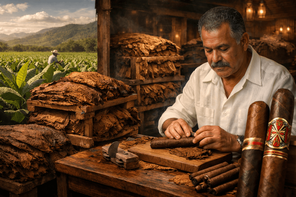 Dominican cigar wrapper leaf close-up showing texture, oils and elasticity used in premium cigars