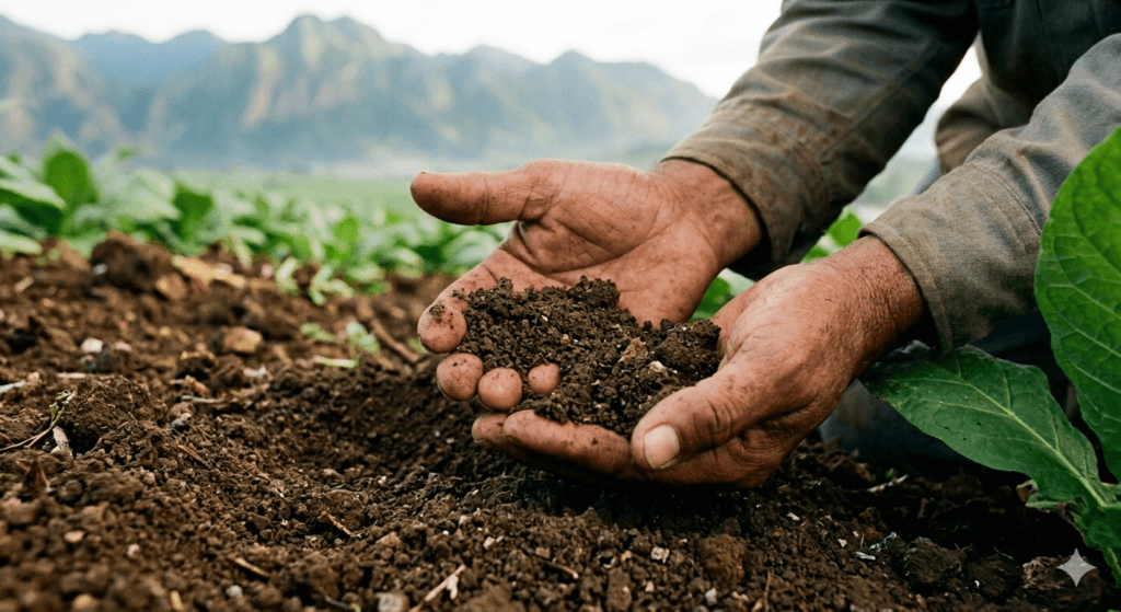 Close-up of a Dominican farmer's hands holding the rich, dark, mineral-heavy volcanic soil of Santiago de los Caballeros.