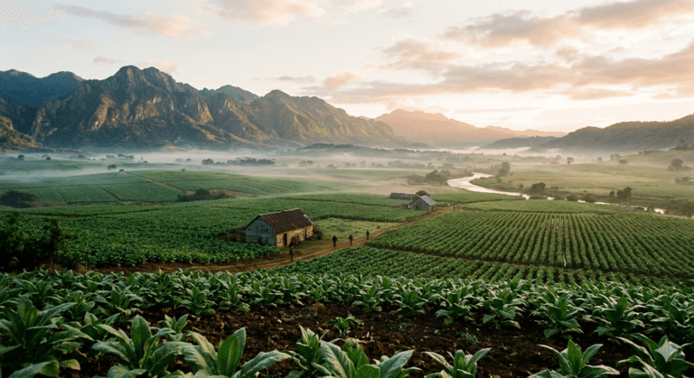 Panoramic view of green tobacco plantations in the Cibao Valley, Dominican Republic, showcasing the unique microclimate and terroir at dawn.