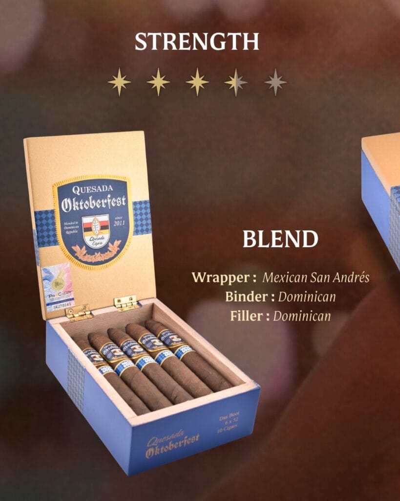 Open Quesada Oktoberfest 2026 cigar box with cigars inside, highlighting cigar strength with six stars and blend details: wrapper is Mexican San Andrés, binder and filler are Dominican. Box rests on a brown surface.