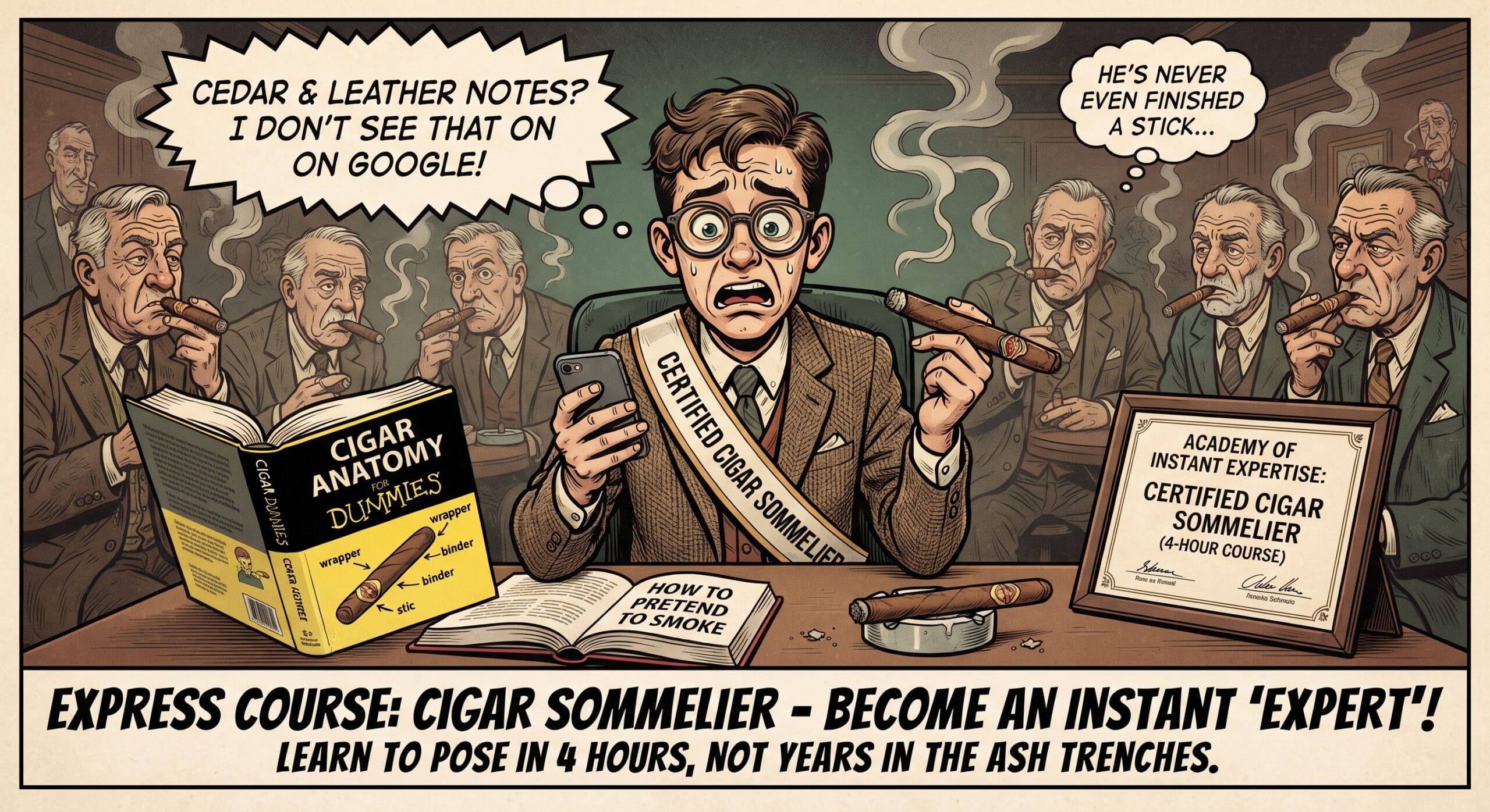 Satirical illustration about express cigar sommelier courses: an inexperienced young man with a certificate and smartphone trying to give cigar tasting lessons to skeptical veteran smokers, surrounded by books like "Cigar Anatomy for Dummies" and "How to Pretend to Smoke."
