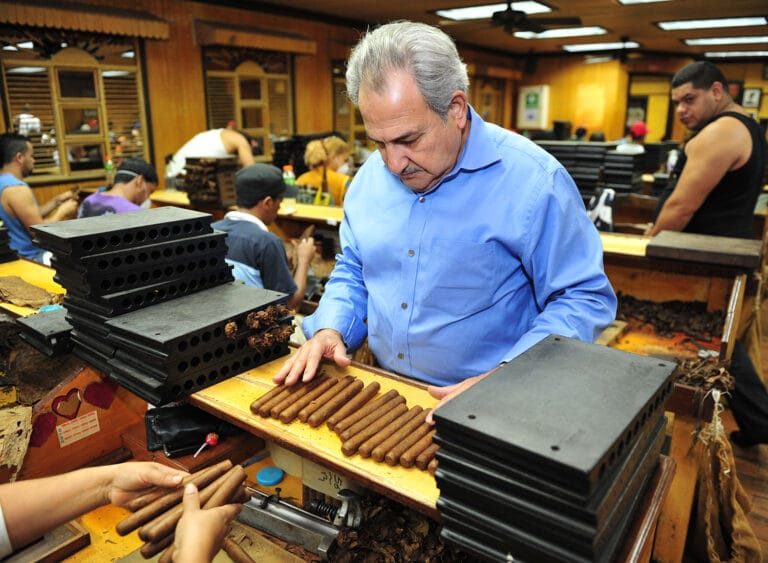 Carlos A. Fuente Sr. inspecting aged tobacco leaves within a cedar vault.