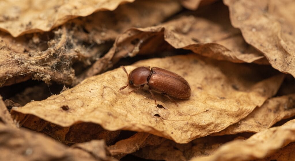Microscopic view of Lasioderma serricorne (cigarette beetle) resting on dry premium tobacco leaves.
