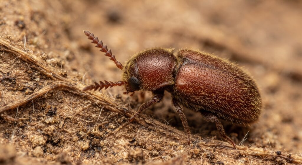 Close-up microscopic view of Lasioderma serricorne (cigarette beetle) highlighting its serrated antennae and reddish-brown elytra on dry tobacco.