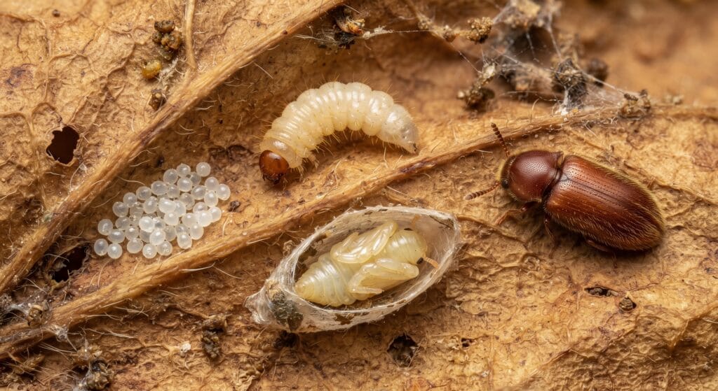 Detailed macro view showing the developmental stages of Lasioderma serricorne (cigarette beetle) on dry premium tobacco leaves.