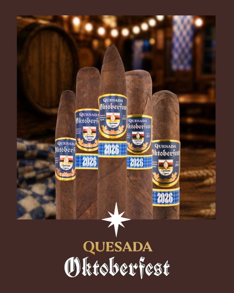 Quesada Oktoberfest 2026 boxes and a single cigar featuring the commemorative 15th-anniversary band.